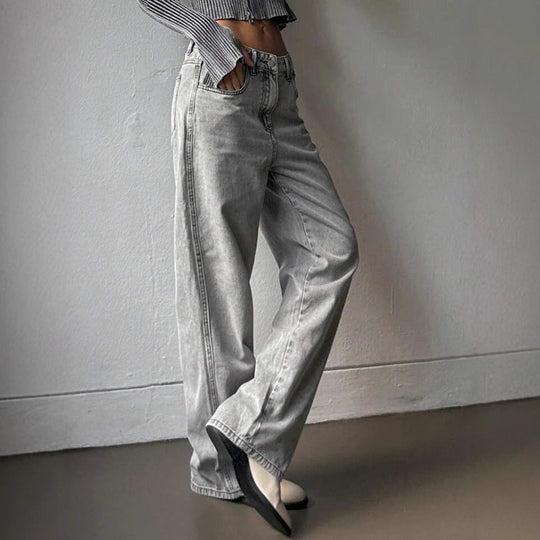 Damen weite Jeans im lässigen Vintage-Design mit hoher Taille und beständigem Stoff R&B