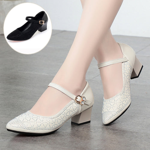 Damen Elegante Mary Jane Pumps mit funkelndem Strassbesatz und komfortablem Blockabsatz R&B