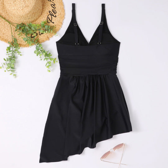 Damen eleganter Einteiler Badeanzug mit asymmetrischem Rock und verstellbaren Trägern R&B