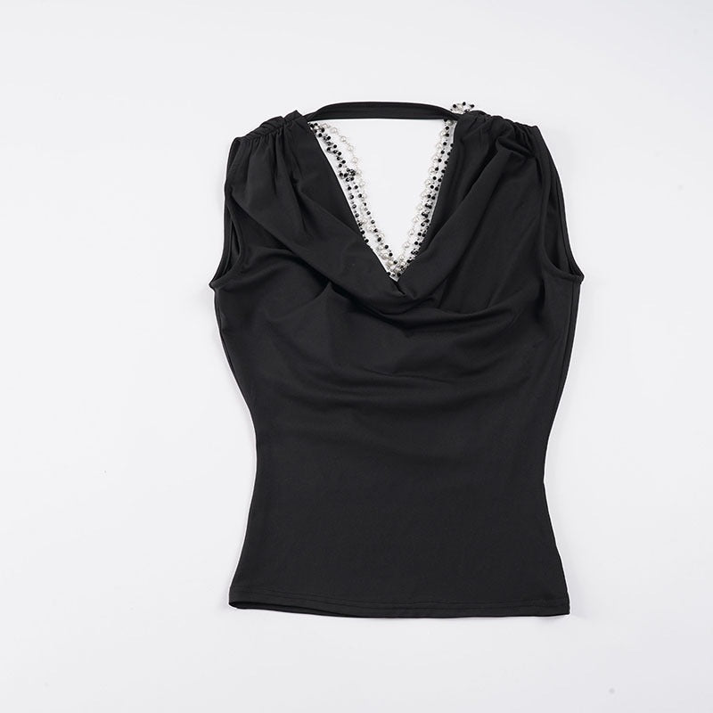 Damen elegantes Cowl Neck Tanktop mit feinen Perlenverzierungen R&B