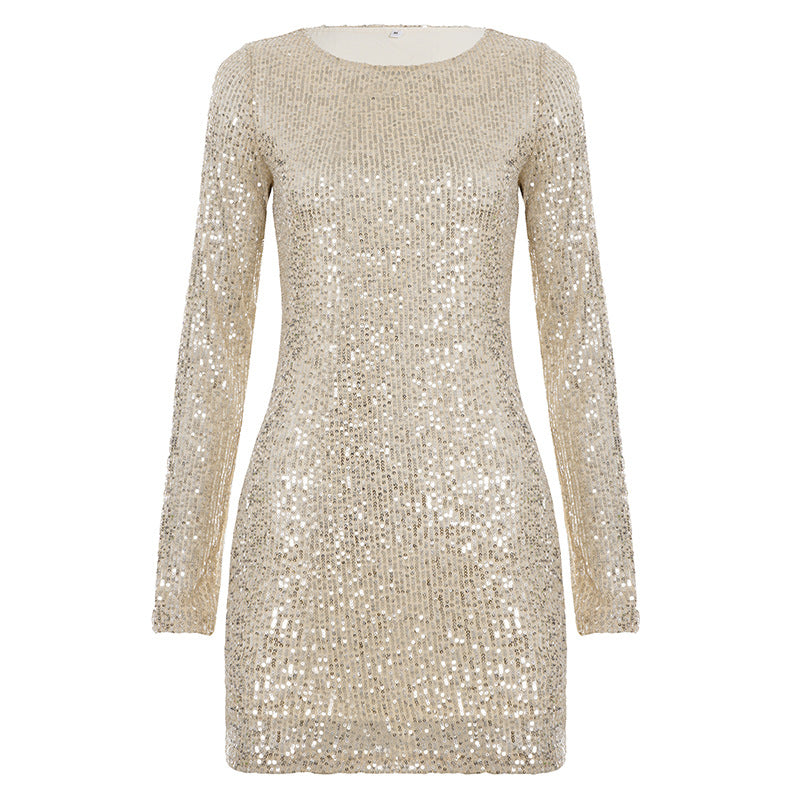 Damen Glitzerndes Minikleid mit langen Ärmeln und Rundhalsausschnitt R&B