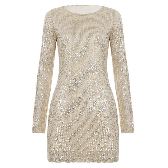 Damen Glitzerndes Minikleid mit langen Ärmeln und Rundhalsausschnitt R&B