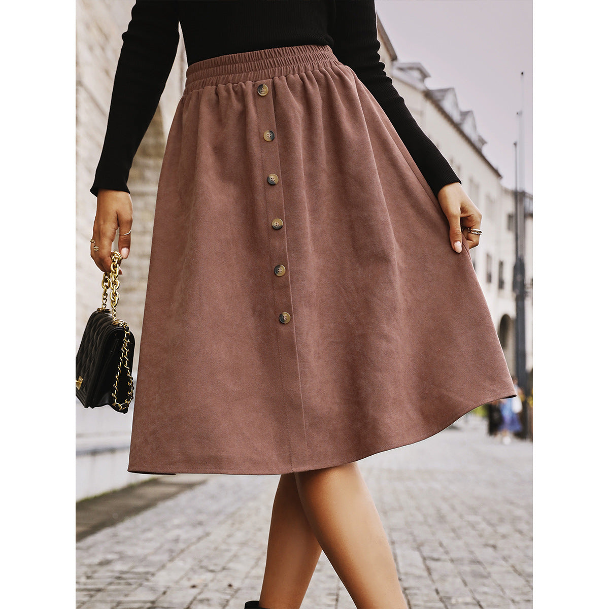 Damen Midi-Suede-Rock mit Knopfdetails R&B