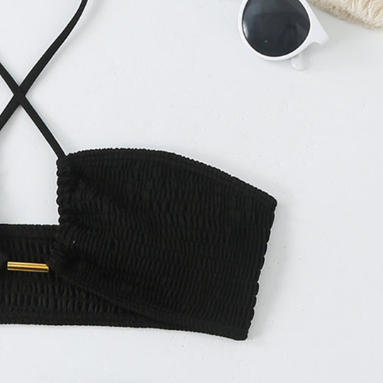 Damen Bikini-Set mit gerafftem Bandeau-Oberteil und hoch geschnittenen Höschen R&B