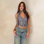 Damen Kurzarm Blusen-Top mit gerafftem Design und modischem Karomuster R&B