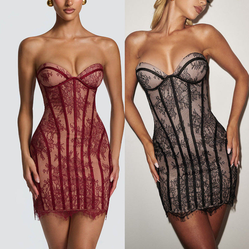 Damen verführerisches Spitzenkleid mit herzförmigem Ausschnitt und figurformendem Design R&B