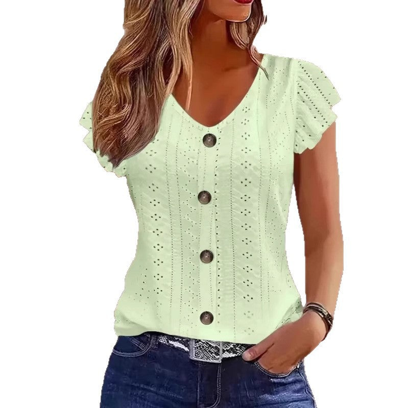 Damen luftige Bluse mit filigranem Lochmuster und Knopfdetails R&B