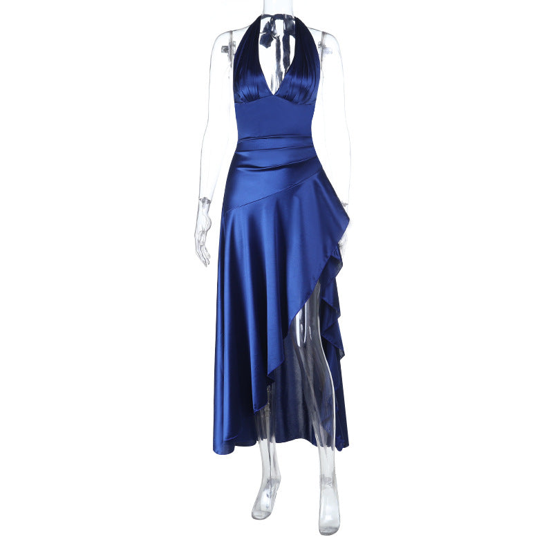 Damen asymmetrisches Satin-Maxikleid mit tiefem V-Ausschnitt R&B