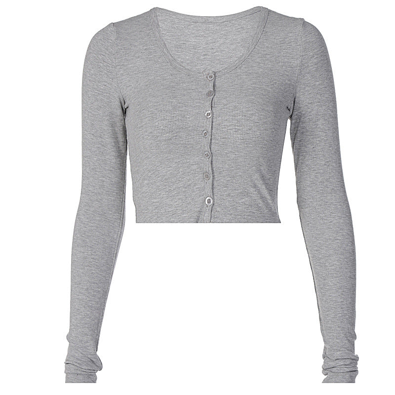 Damen Langarm-Crop-Top mit Knopfleiste und figurbetonter Passform R&B