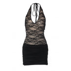 Damen Neckholder Minikleid mit eleganter Spitze und gerafftem Rock R&B