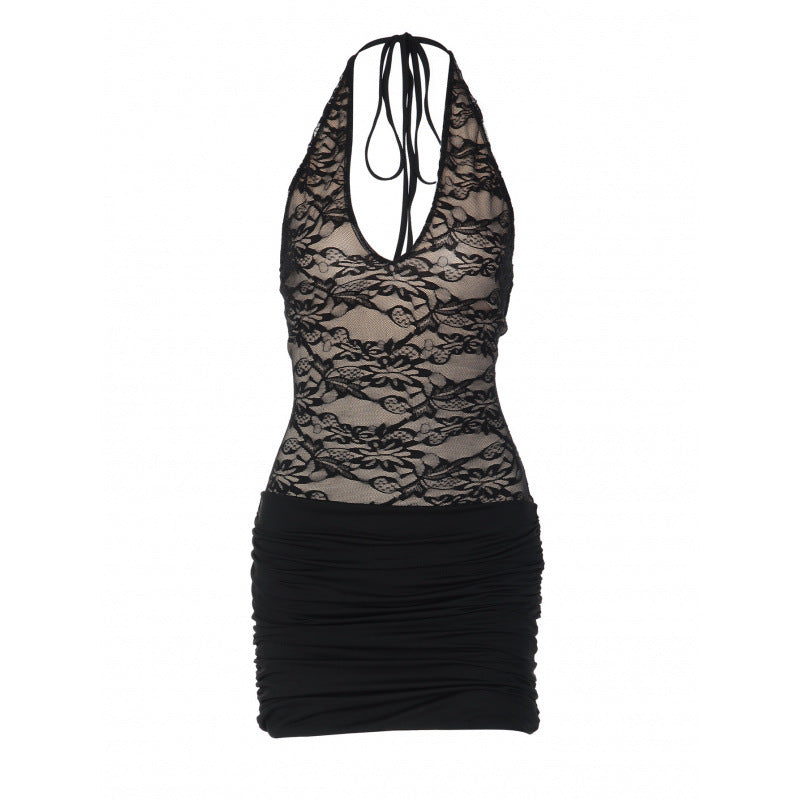 Damen Neckholder Minikleid mit eleganter Spitze und gerafftem Rock R&B
