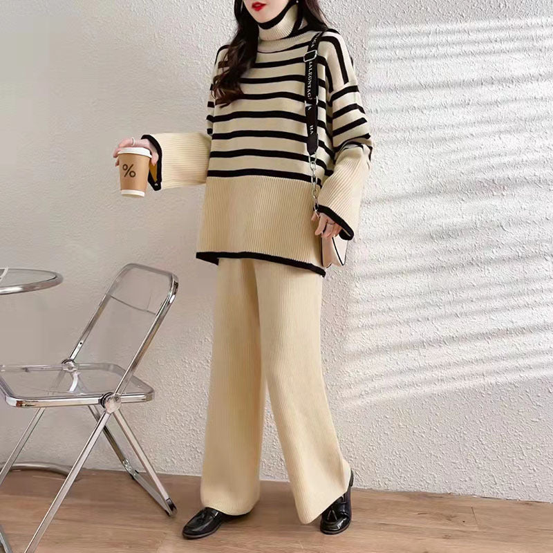 Damen Lässiges Strickensemble mit hohem Kragen und breiten Ärmeln