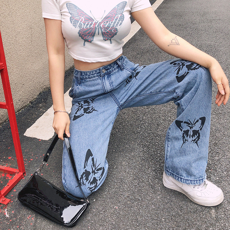Damen weite High-Waist Jeans mit floralen Druckmotiven R&B