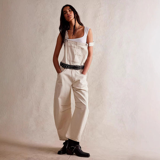 Damen lässige Denim-Latzhose im modernen Schnitt mit verstellbaren Trägern R&B