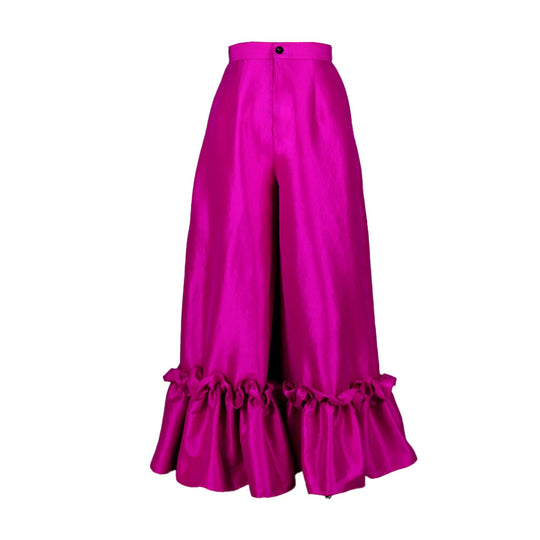Damen Weite Satinhose mit Rüschenabschluss R&B