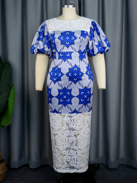 Damen Elegantes Langarmkleid mit ausgefallenen Puffärmeln und Spitzenbesatz R&B