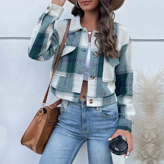 Damen Karierte Denimjacke mit Knöpfen und Brusttaschen R&B
