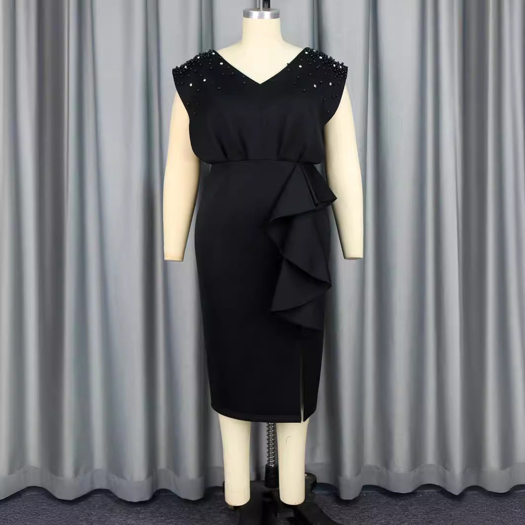 Damen elegantes Wickelkleid mit schimmernden Perlen und asymmetrischem Rüschensaum R&B