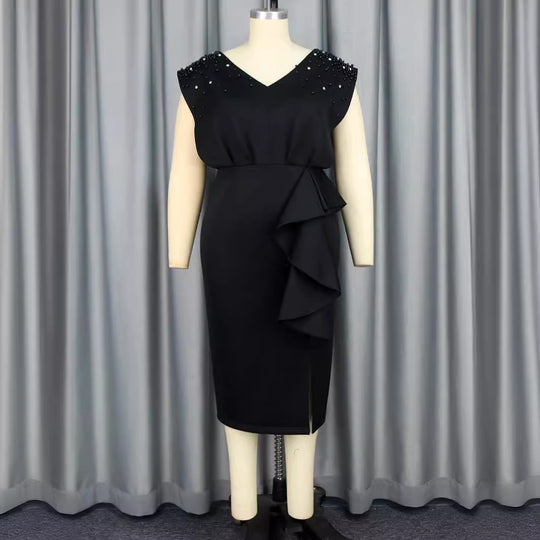 Damen elegantes Wickelkleid mit schimmernden Perlen und asymmetrischem Rüschensaum R&B