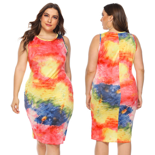 Damen figurbetontes Sommerkleid mit buntem Batik-Muster R&B