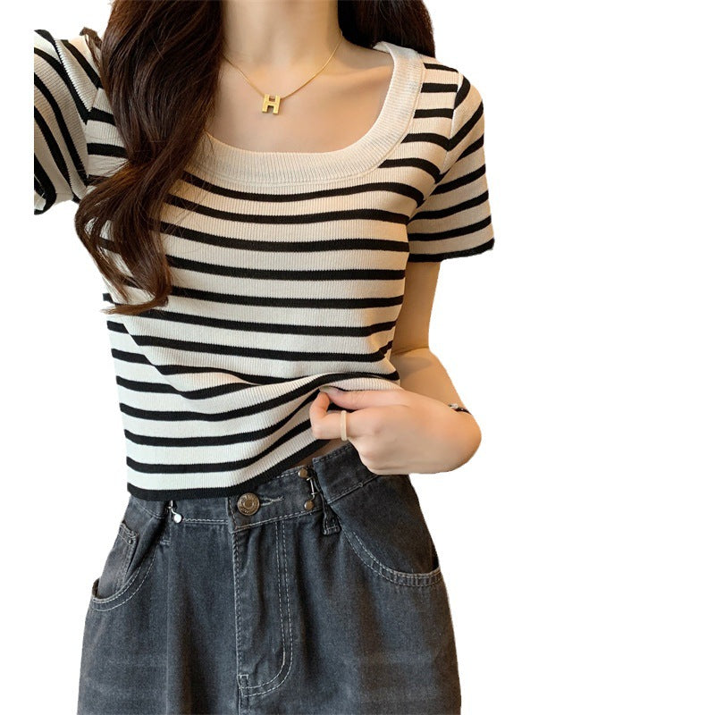 Damen cropped Streifenoberteil mit modernem Knoten-Design und elastischem Saum