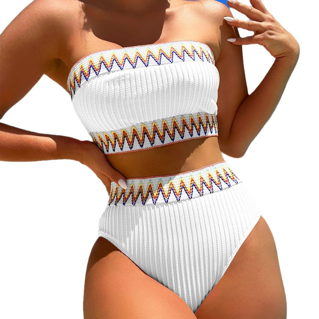 Damen Hochgeschnittener Bandeau-Bikini mit farbenfrohem Zick-Zack-Muster R&B