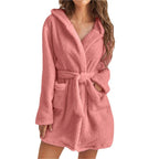 Damen Kuscheliger Fleece-Bademantel mit Kapuze und Taillengürtel R&B