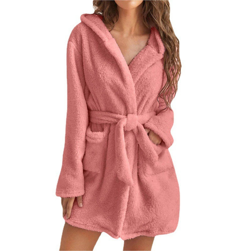 Damen Kuscheliger Fleece-Bademantel mit Kapuze und Taillengürtel R&B