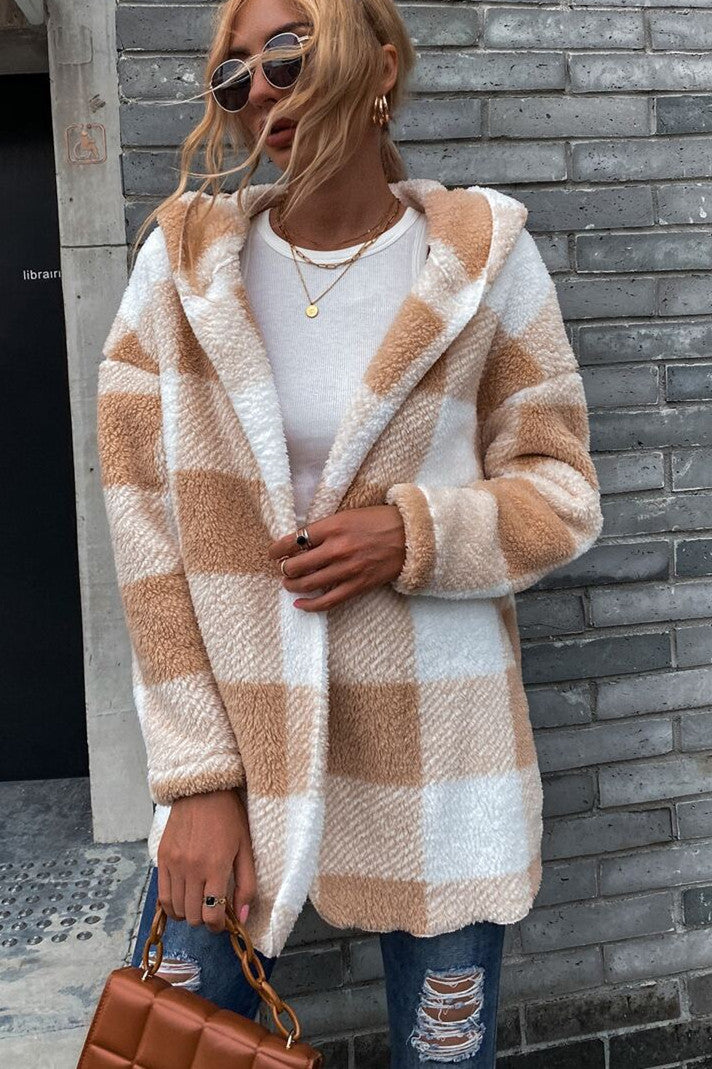 R&B | Lamm Lockerer Kapuzen Plaid Strickjacke Jacke