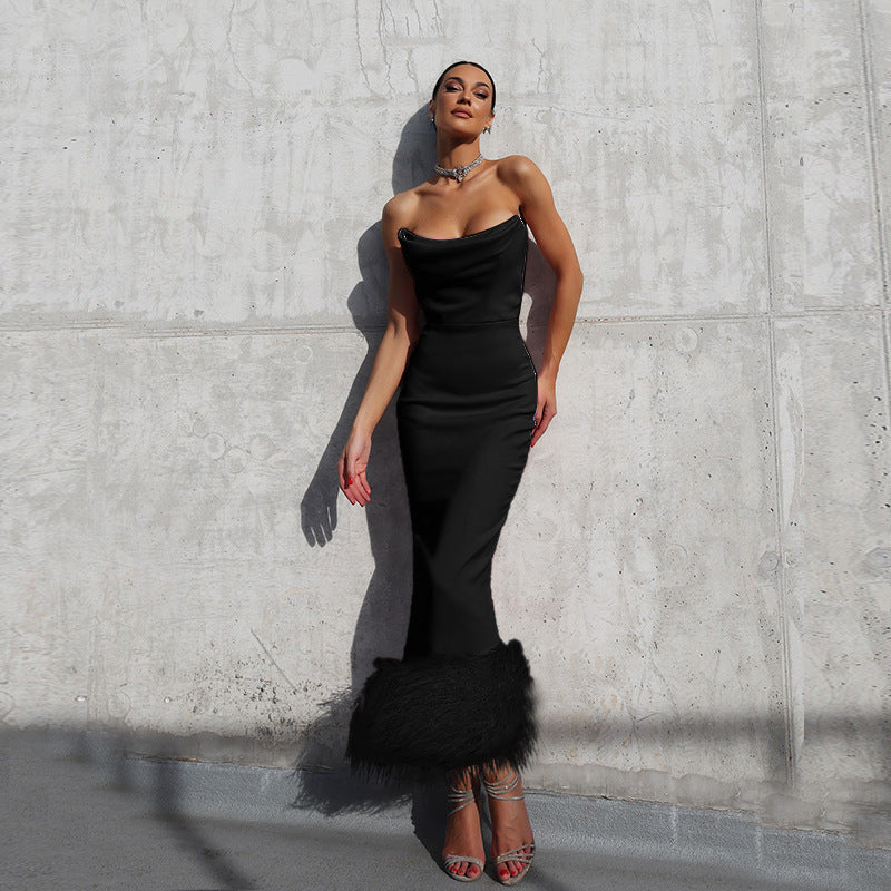 Damen Elegantes Midi-Kleid mit verführerischem Federbesatz R&B