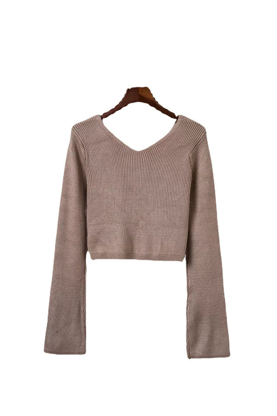 Damen eleganter croppter Pullover mit tiefem Ausschnitt und figurbetonendem Rock R&B