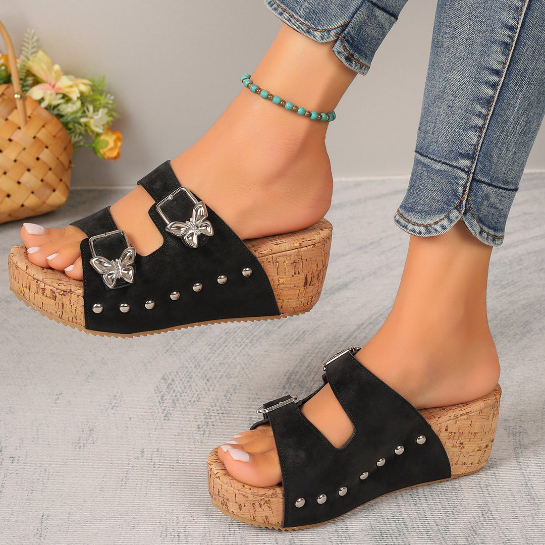 Damen Wedge-Pantoletten mit dekorativen Schnallen und elegantem Korkabsatz R&B