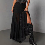 Damen Eleganter Spitzenmaxirock mit fließendem Fall und transparenten Details EB