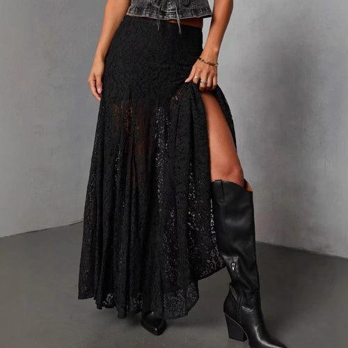 Damen Eleganter Spitzenmaxirock mit fließendem Fall und transparenten Details R&B