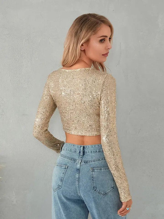 Damen Glitzerndes Crop-Top mit langen Ärmeln und figurbetontem Schnitt R&B