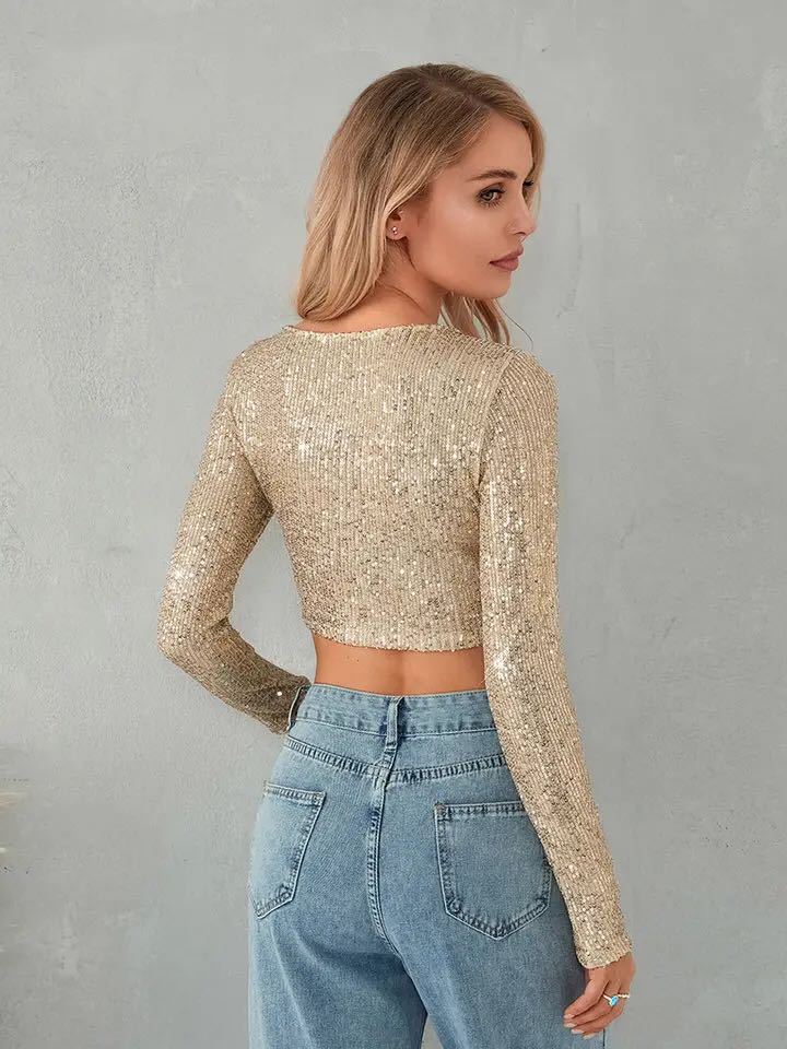 Damen Glitzerndes Langarm-Top mit funkelnden Pailletten R&B