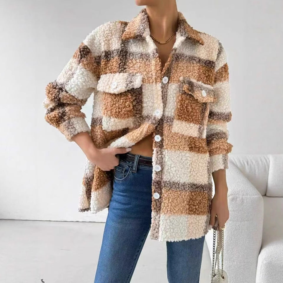 Damen Plüsch Overshirt mit Karomuster R&B