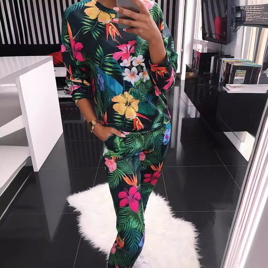 Damen Freizeitanzug mit floralem Print und praktischen Taschen R&B