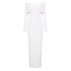 Damen elegantes Maxikleid mit schulterfreiem Design und langem Ärmel R&B