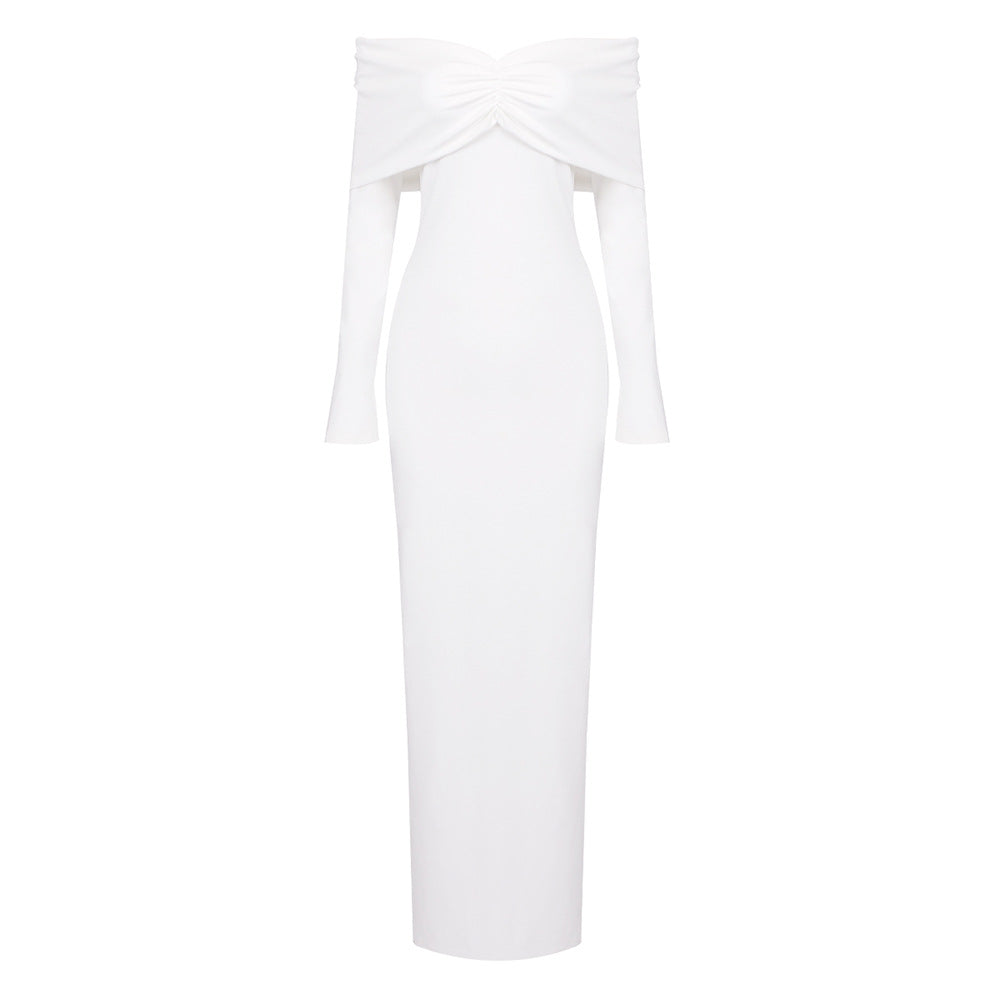 Damen elegantes Maxikleid mit schulterfreiem Design und langem Ärmel R&B