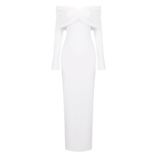 Damen elegantes Maxikleid mit schulterfreiem Design und langem Ärmel R&B