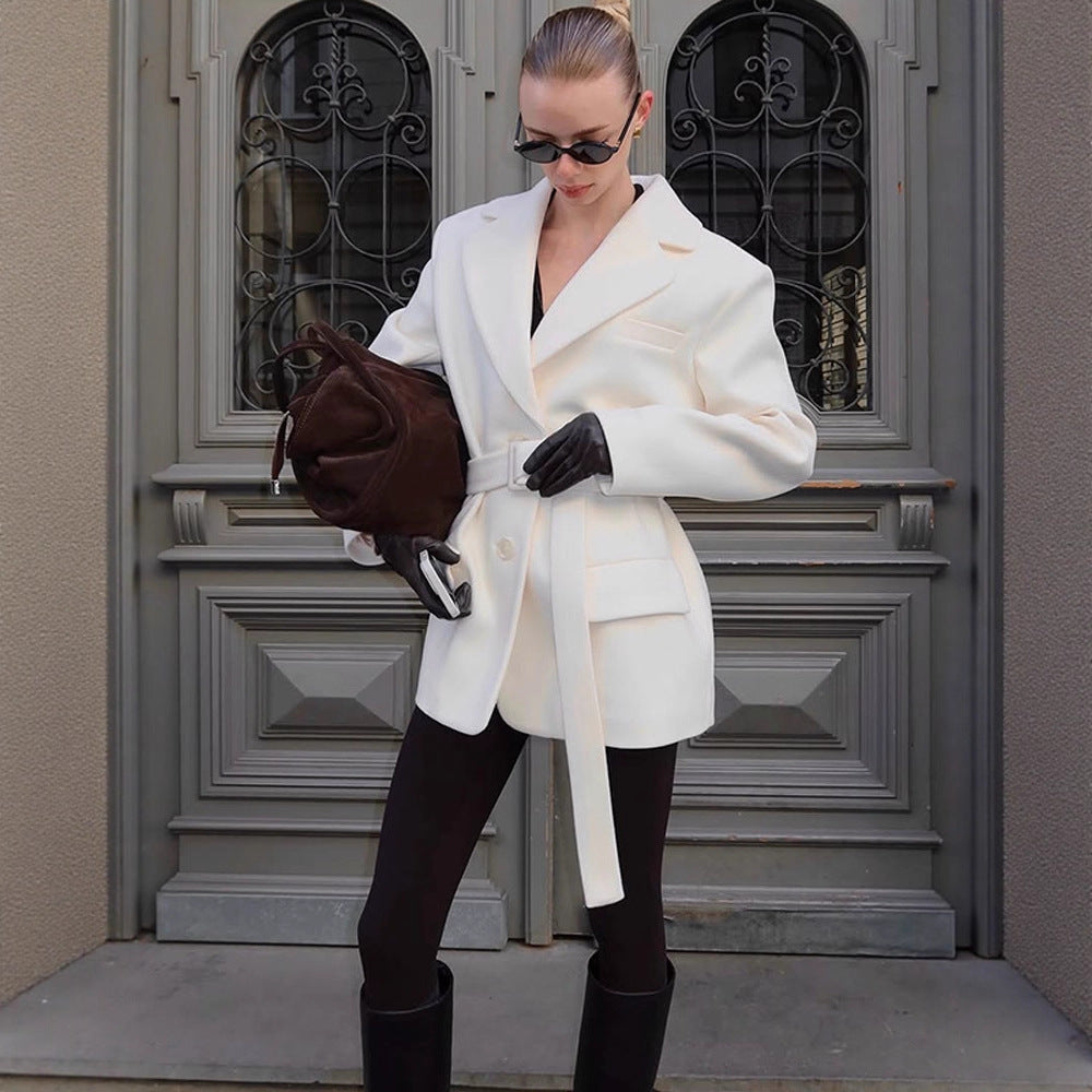 Damen modischer Blazer mit Taillengürtel und praktischen Taschen R&B