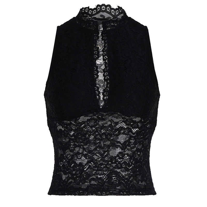 Damen Spitzen-Crop-Top mit elegantem Stehkragen und transparenten Einsätzen R&B