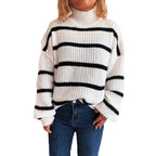 Damen Strickpullover mit hohem Kragen und modischem Streifenmuster R&B