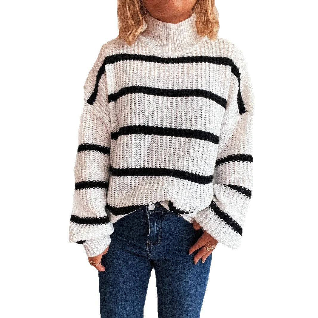 Damen Strickpullover mit hohem Kragen und modischem Streifenmuster R&B