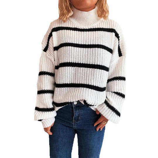 Damen Strickpullover mit hohem Kragen und modischem Streifenmuster R&B