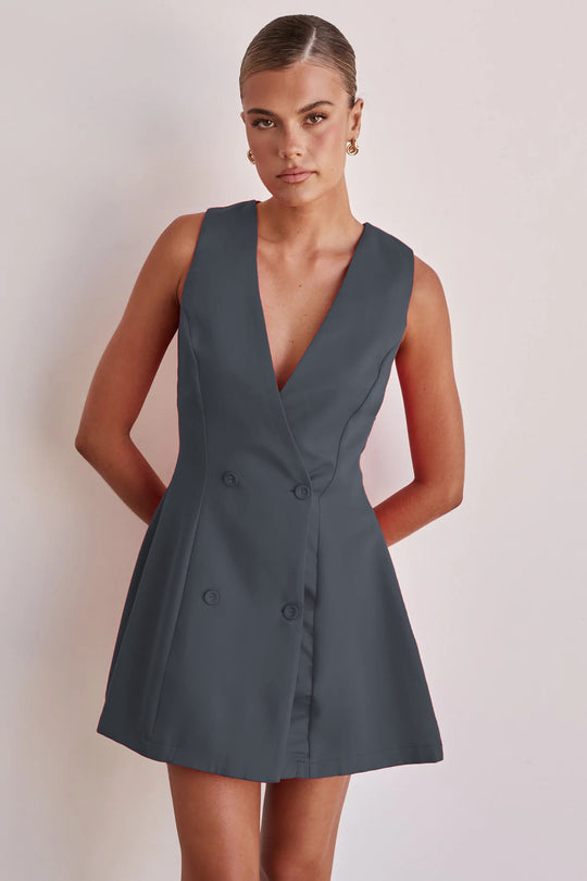 Damen Wendekleid mit tiefem V-Ausschnitt und doppelter Knopfleiste R&B