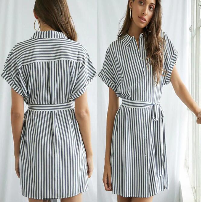 Damen Hemdblusenkleid mit Taillengürtel und modischem Streifendesign R&B