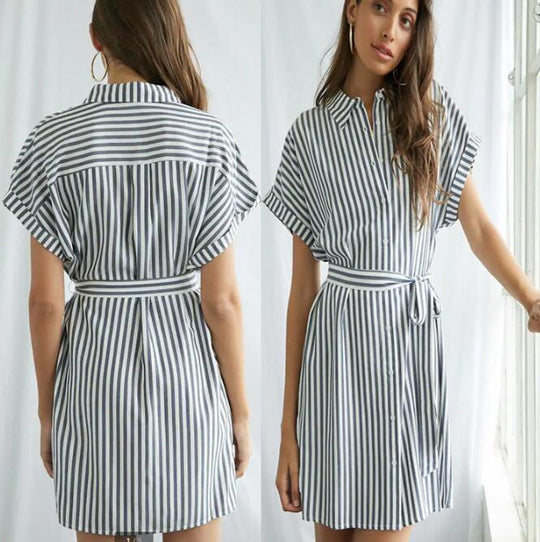 Damen Hemdblusenkleid mit Taillengürtel und modischem Streifendesign R&B
