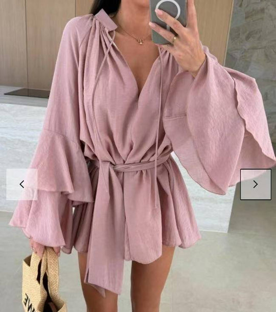 Damen luftige Strandbluse mit voluminösen Ärmeln und Taillengürtel R&B